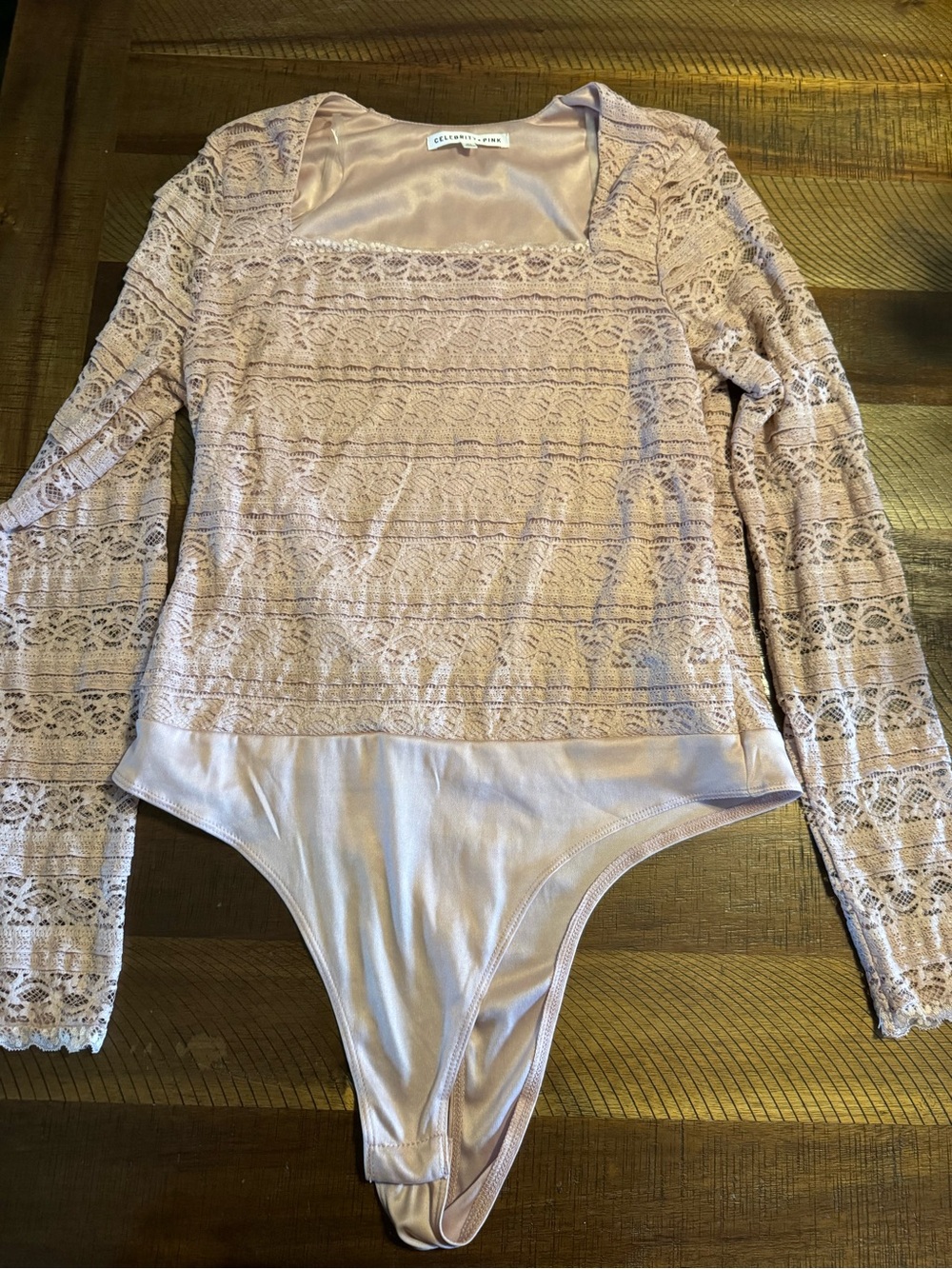 Celebrity Pink Dusty Rose Lace Long-Sleeve Bandeau Bodysuit